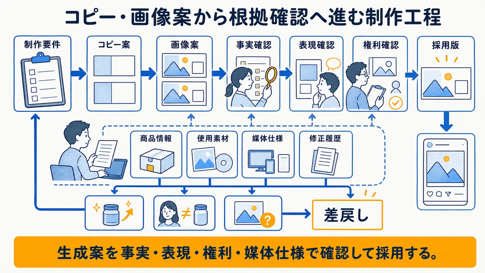 案出しから生成・編集・根拠確認へ進む制作工程