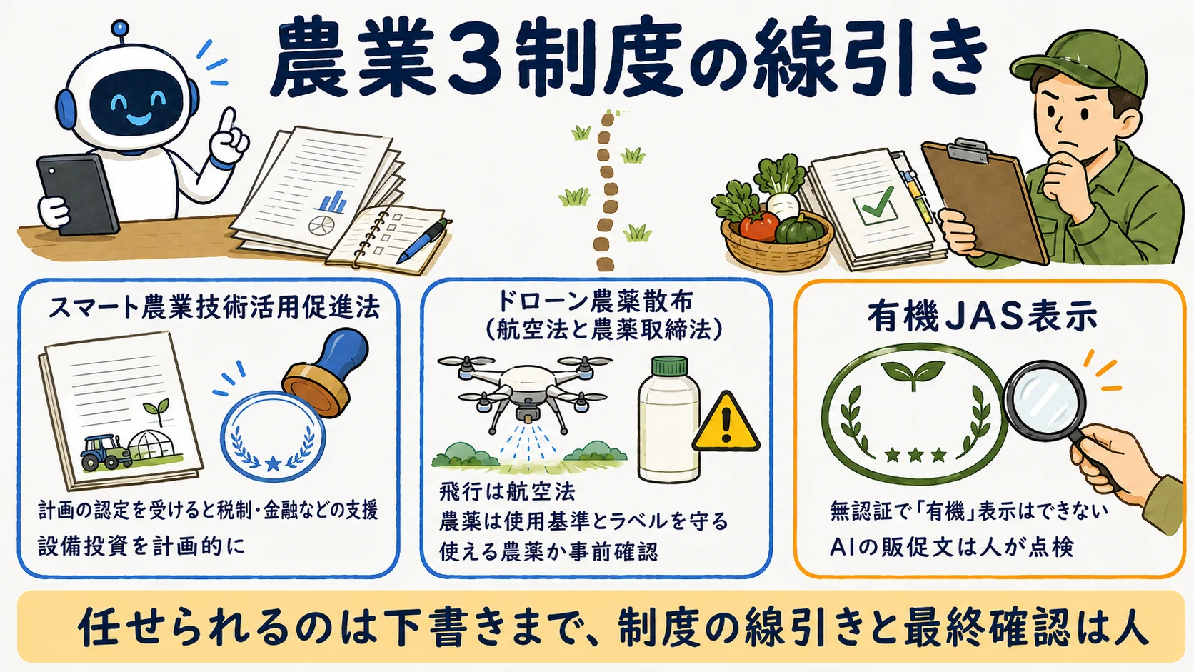 農業3制度の線引き：スマート農業技術活用促進法の計画認定・ドローン農薬散布の航空法と農薬取締法・有機JAS表示の関係を整理した図