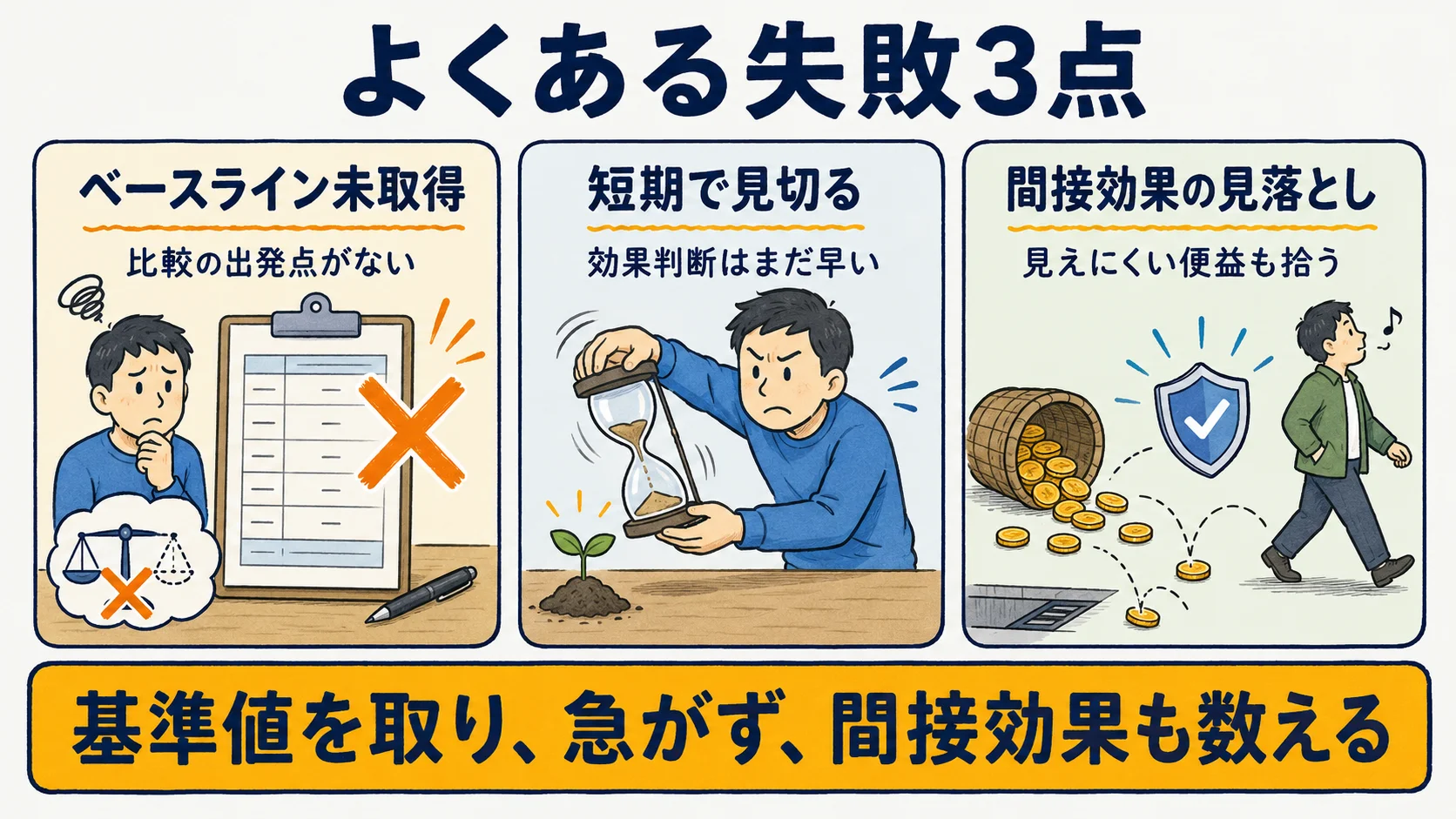ベースライン未取得・短期判断・間接効果見落としの失敗3点を示すアイコン図