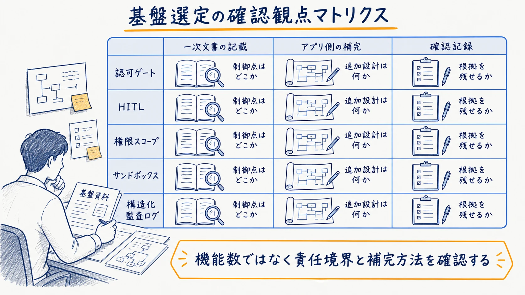 主要6フレームワークとSDKを5つのガードレール機構で横断した中立比較図