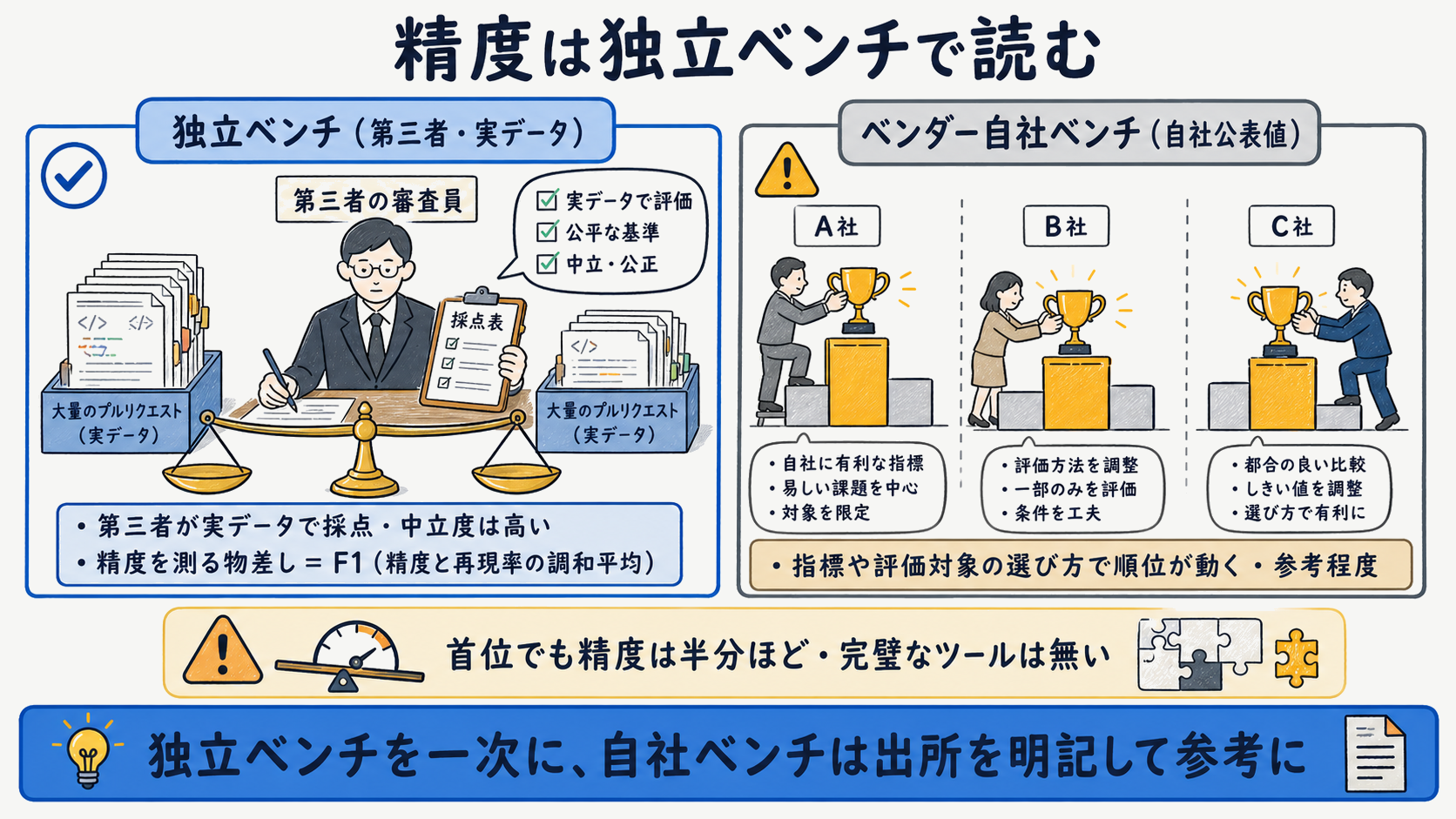 独立ベンチとベンダー自社ベンチを出所で分けて精度を読む考え方を示した図