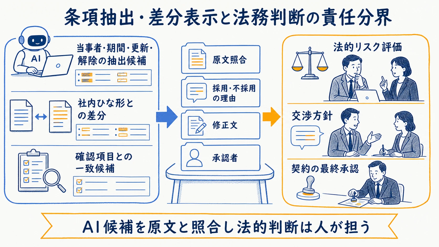 条項抽出・差分表示と法的評価・交渉・承認を分ける作業と責任主体の対照表