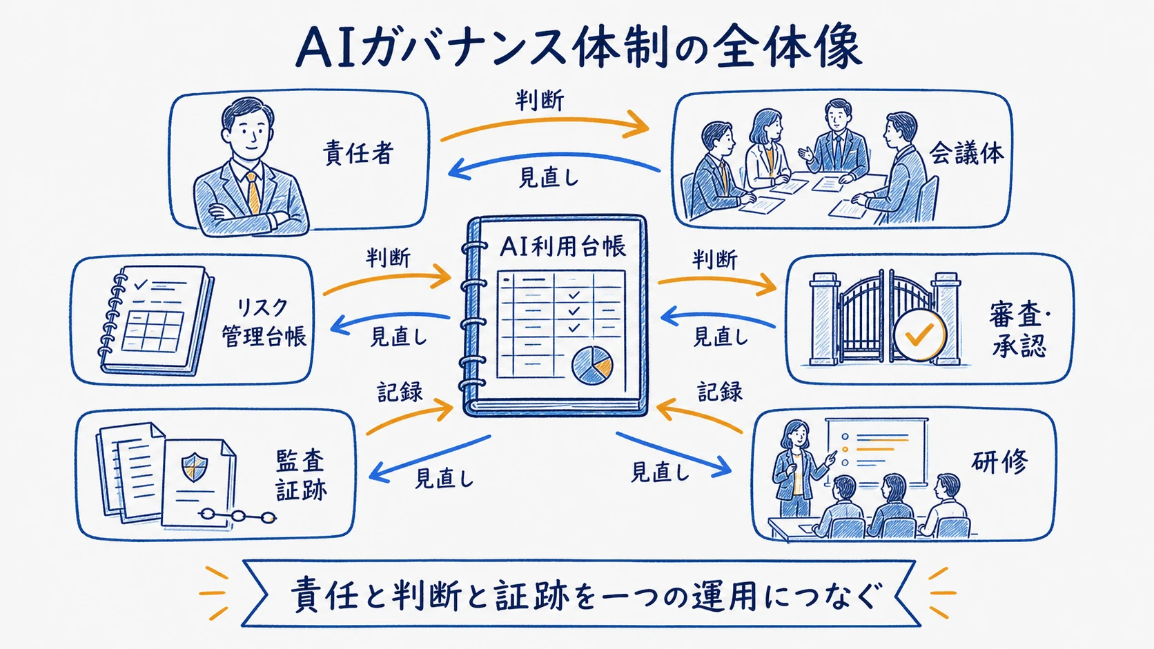 AIガバナンス体制を構成する6要素と企業規模に応じた段階的な整備の全体像