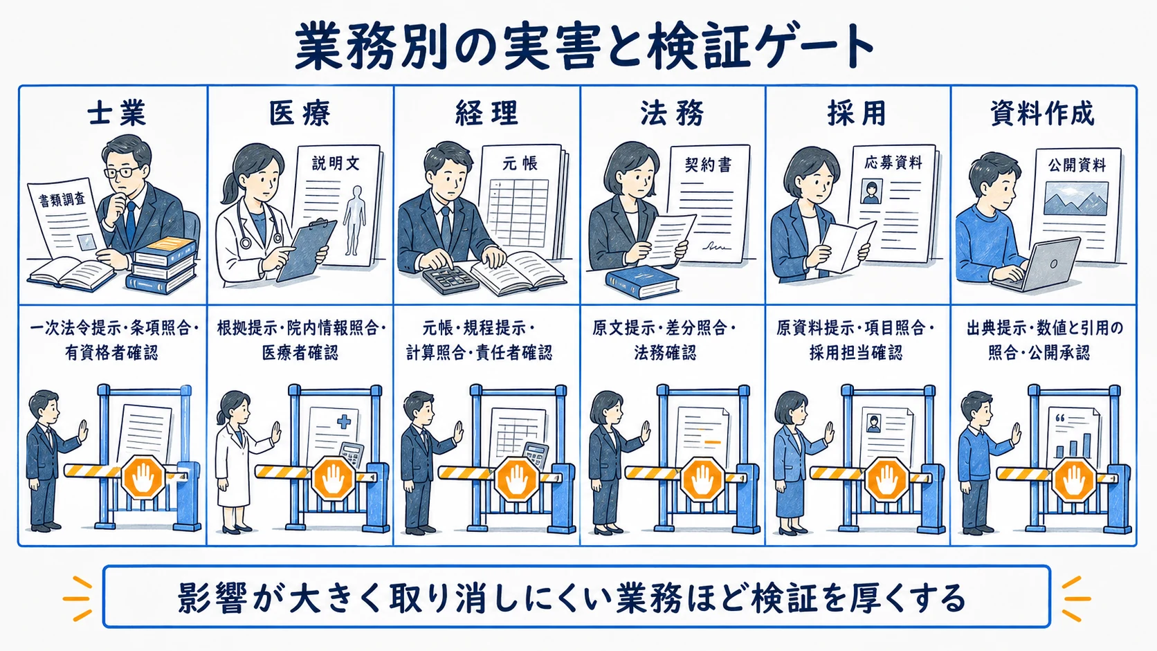 士業・医療・経理・法務・採用・資料作成の実害と必要な検証ゲートを対応付けた図