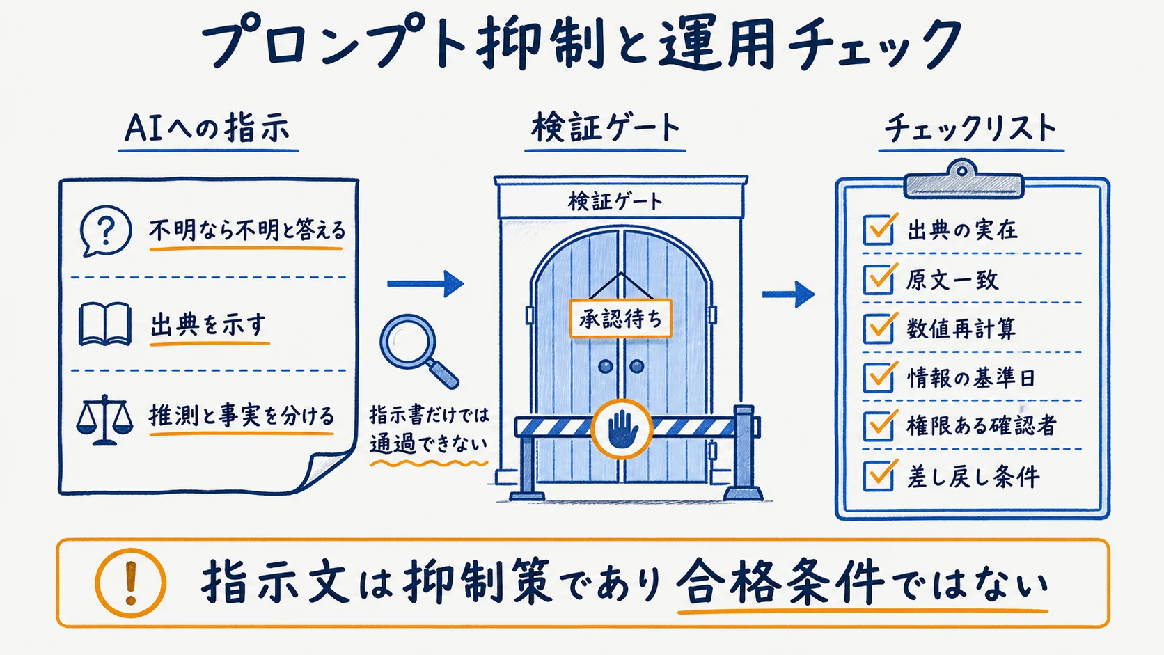 プロンプト指示だけに頼らず検証ルールとチェックリストを定着させる運用図