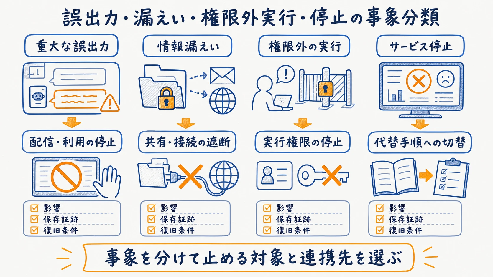 誤出力・漏えい・不正利用・停止を影響範囲と初動で分ける事象分類図