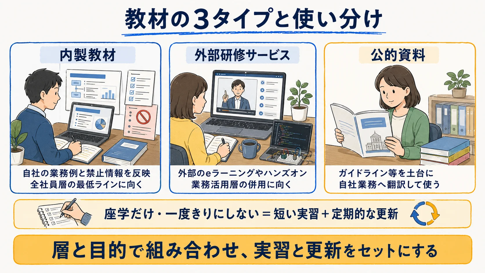 内製教材・外部研修サービス・公的資料の3タイプと使い分けを示した図