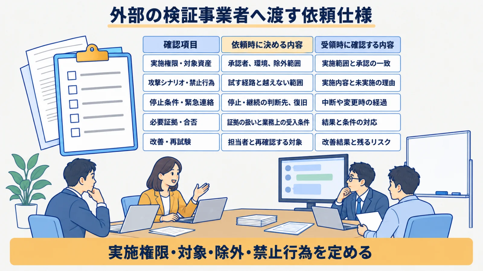 実施権限・対象・禁止行為・停止条件・証拠・合否をそろえる依頼項目図