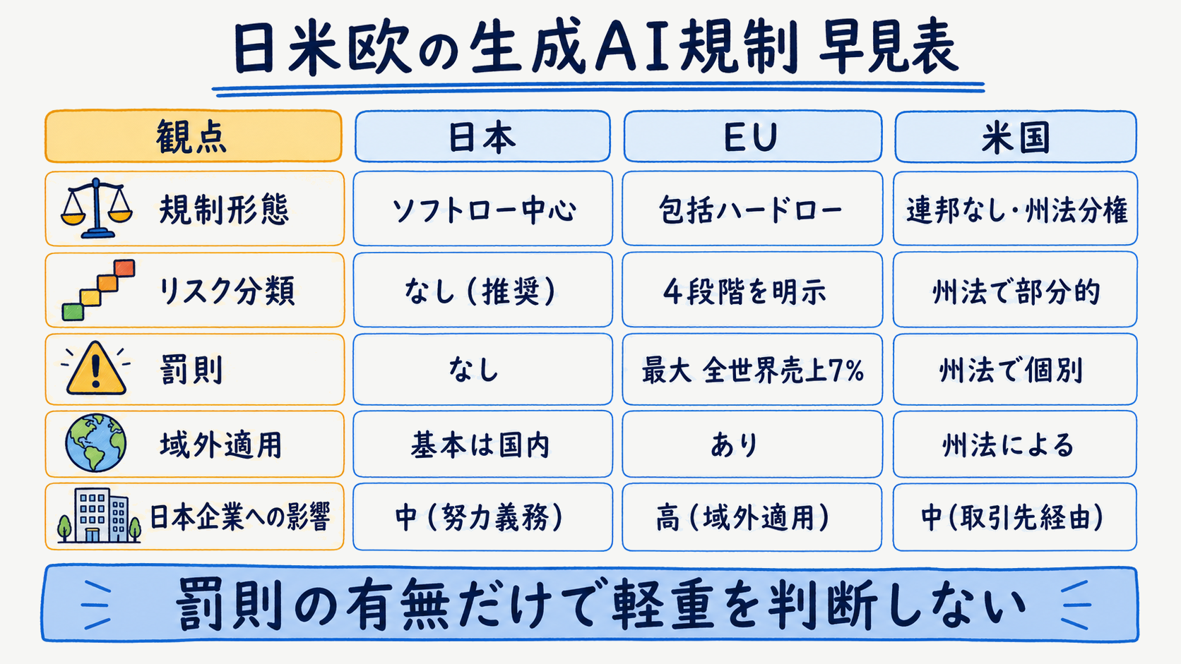 日本・EU・米国の生成AI規制を規制形態や罰則、域外適用の軸で並べた統一比較表の図解