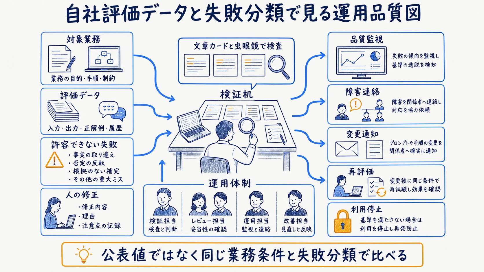 評価データ、失敗分類、監視、障害、変更通知を並べる運用品質マップ