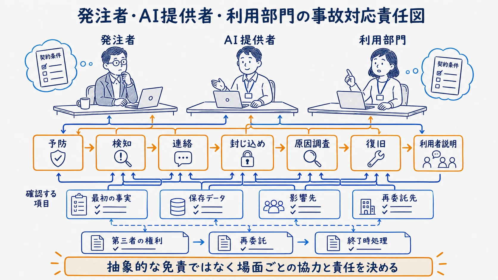 発注者、AI提供者、利用部門の事故対応と権利、再委託の責任分担表