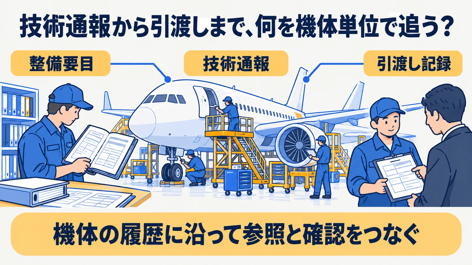 技術通報から引渡しまでの「整備記録リレー図」の流れを示す図解