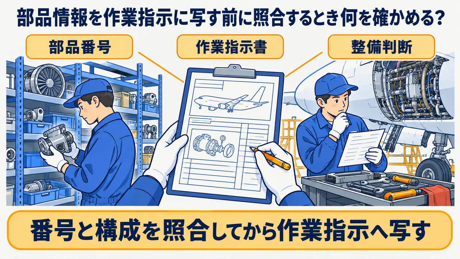 部品情報を作業指示に写す前に照合する際の確認対象と判断の流れ