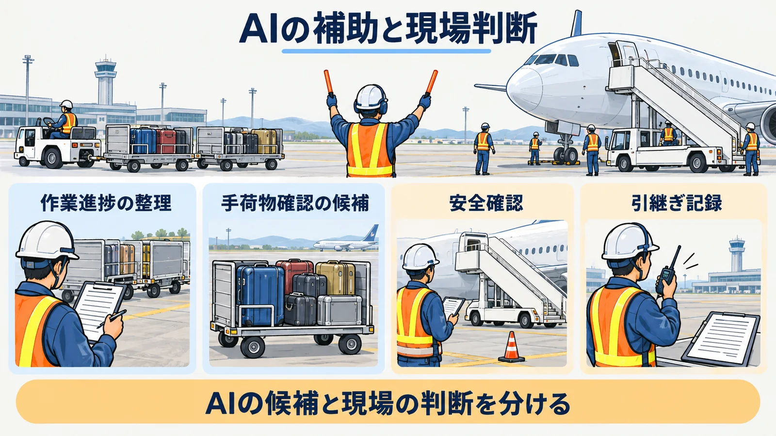 手荷物カート、タラップ、駐機場、作業進捗表を使う役割分担表
