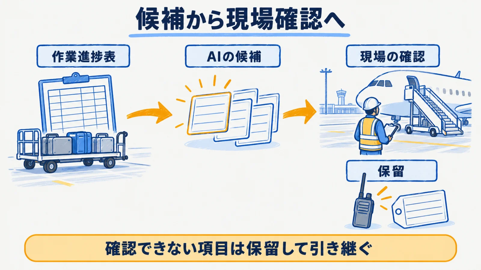 駐機場の作業進捗表から現場確認へ進む候補と確認のフロー