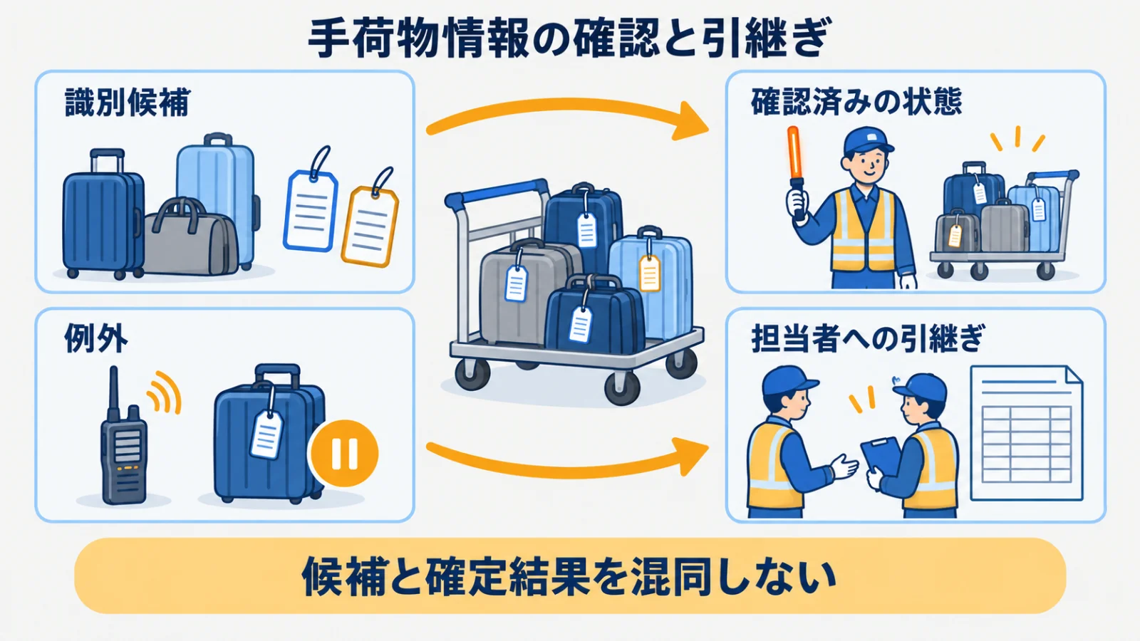 手荷物カートの情報、確認、引継ぎを対応付ける図
