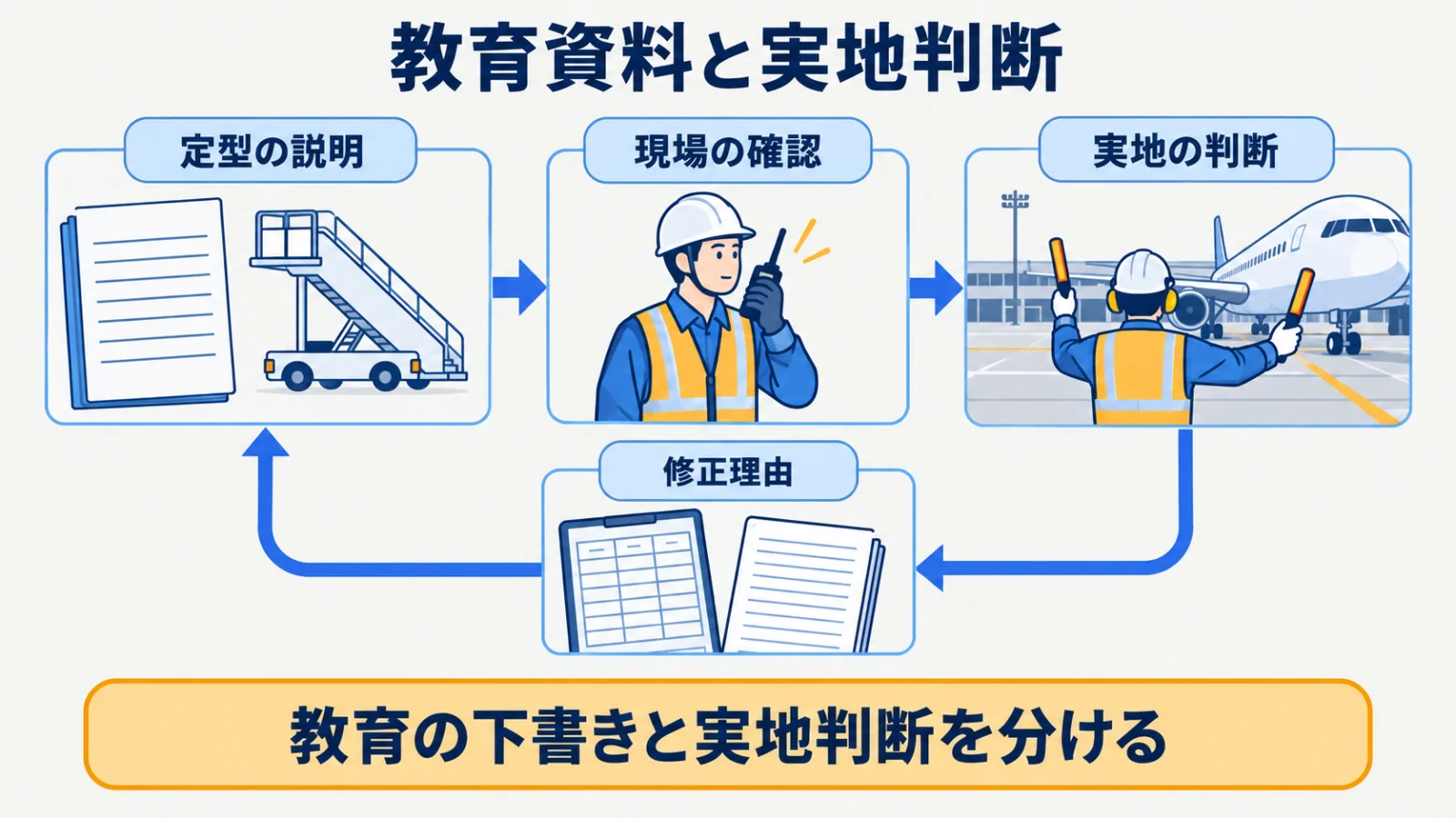 タラップ、誘導棒、作業進捗表を使う教育資料と現地確認の分岐図