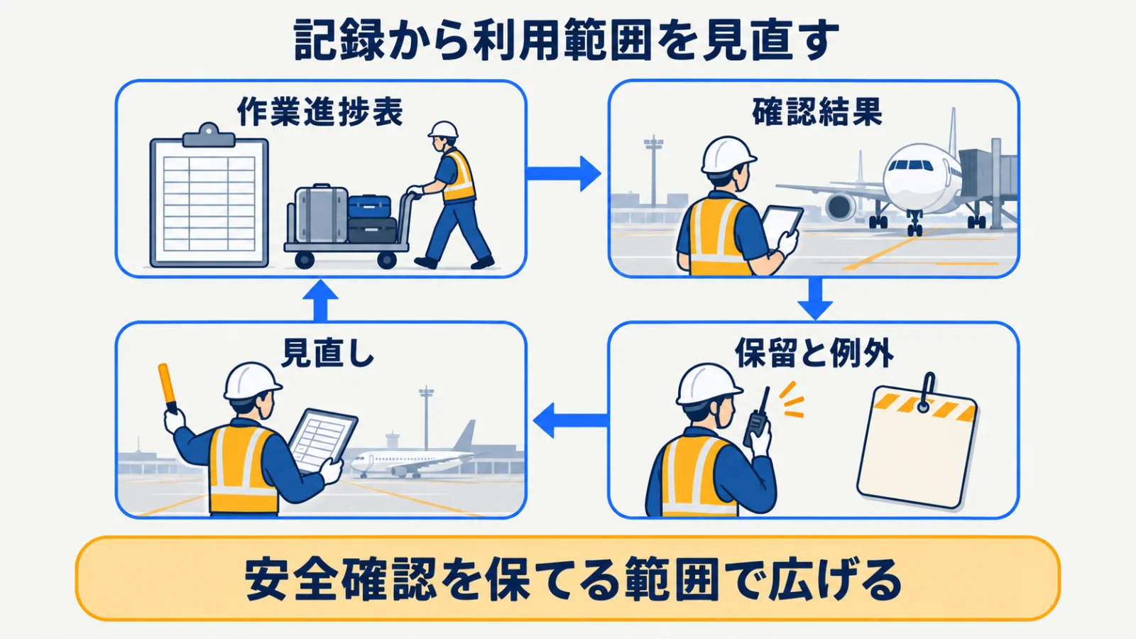作業進捗表の整理、確認、保留、見直しを示す循環図