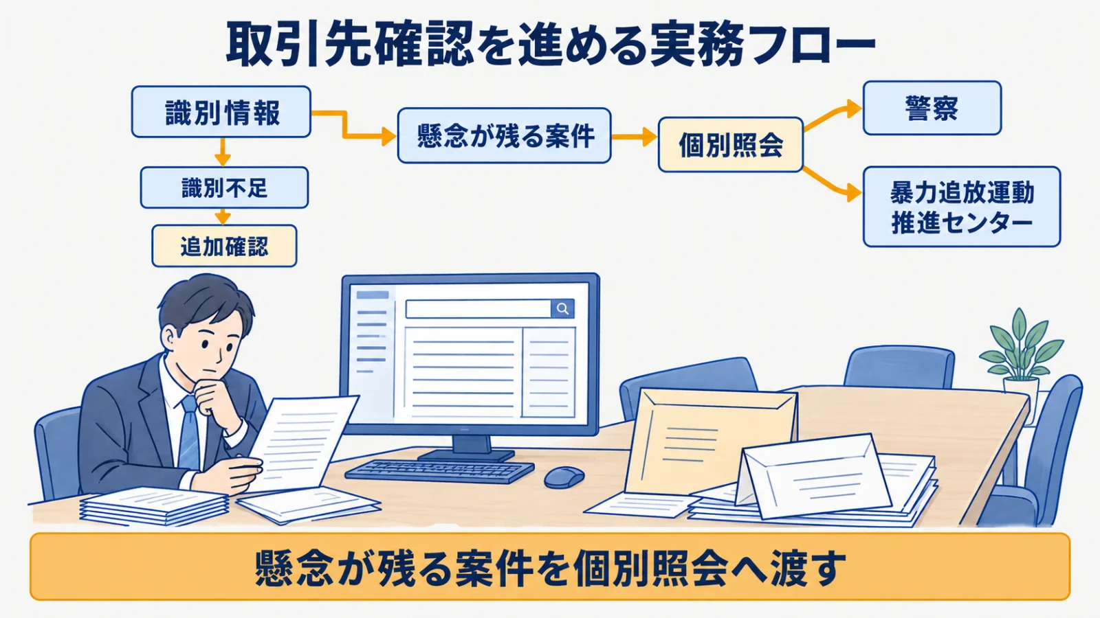 識別情報の不足と懸念の有無から追加確認・個別照会へ分ける流れ