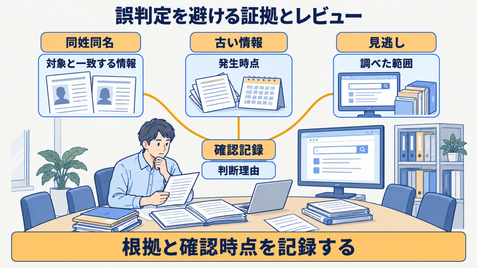 同姓同名・古い情報・見逃しを原情報と識別情報で点検する確認図