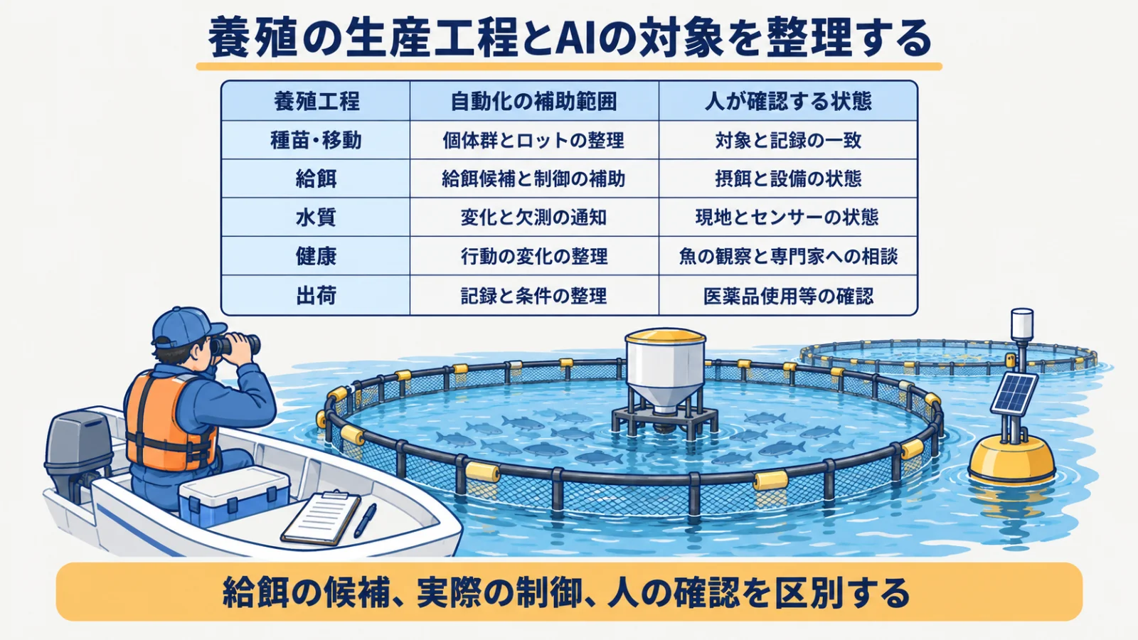 種苗・給餌・水質・健康・出荷ごとに自動化と人の確認を分ける表