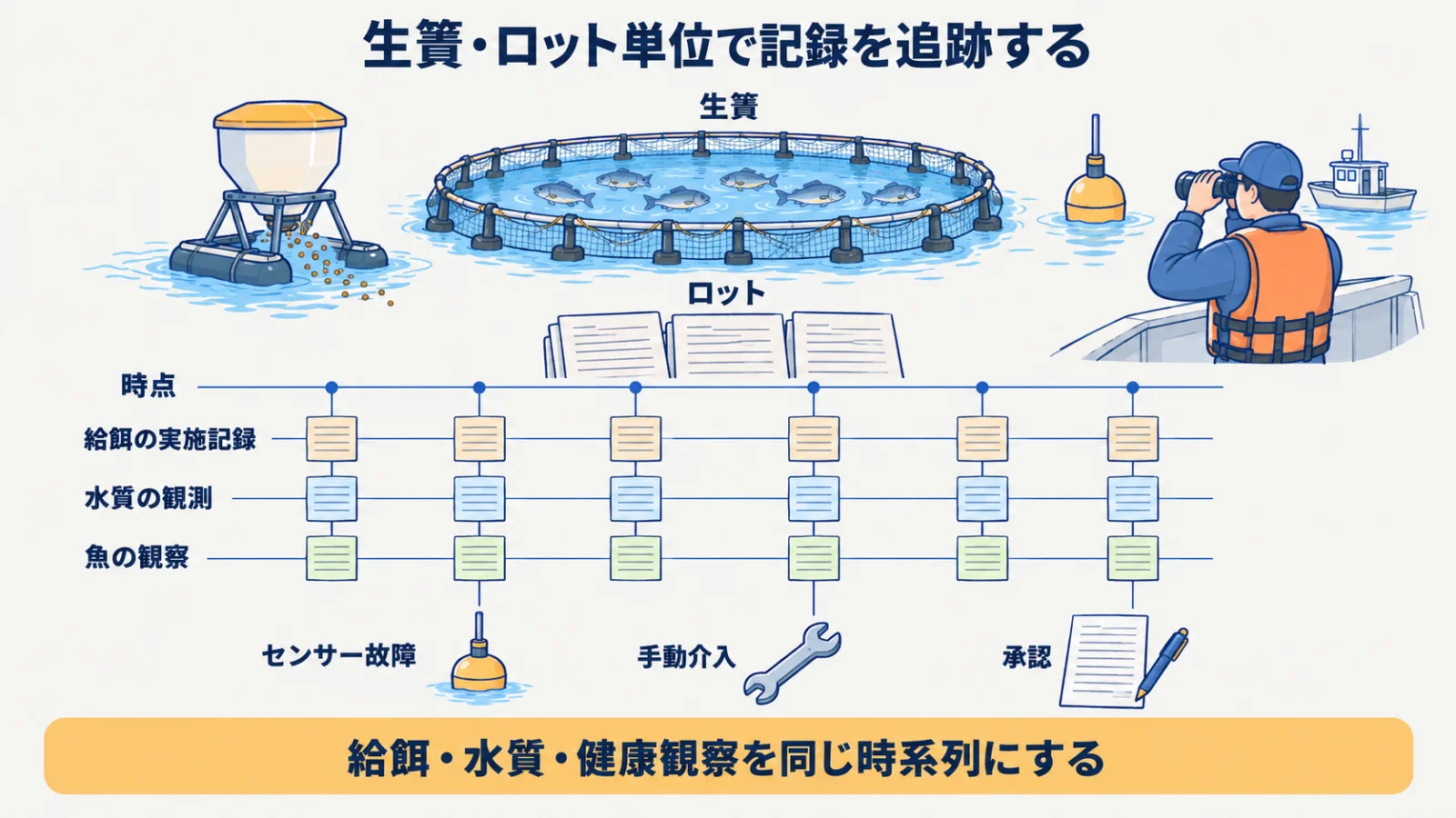 生簀・ロットごとの給餌・水質・健康観察を同じ時系列に置く図