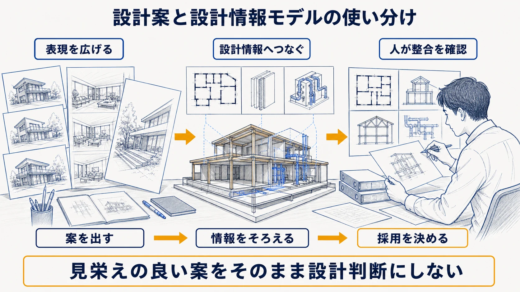 意匠案・パースとBIM情報をつなぎ人が整合性を確認する図