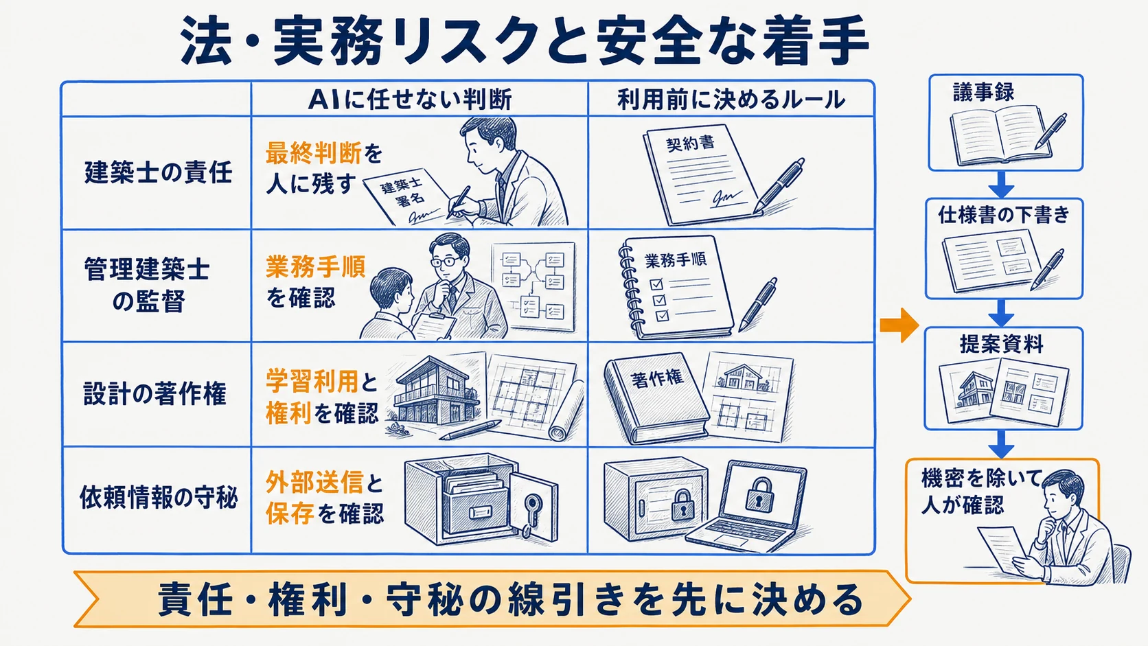 建築士責任・管理建築士・意匠著作権・守秘義務を分ける線引き図