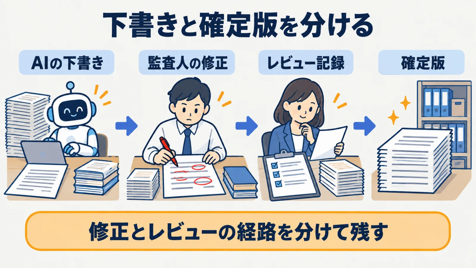 監査調書の下書き、修正、レビュー記録、確定版を分けた証跡図