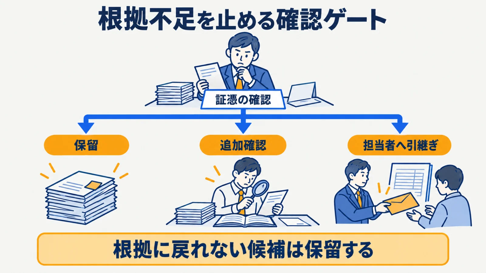 証憑の確認から保留、追加確認、担当者への引継ぎに分ける監査の分岐図