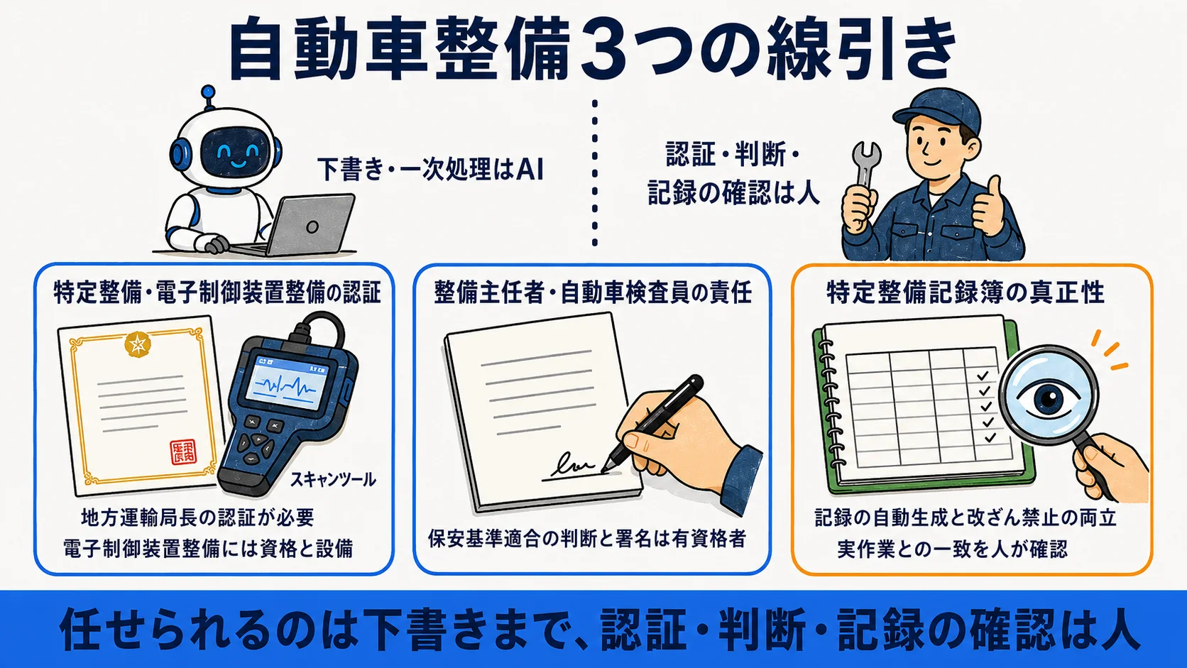 自動車整備3つの線引き：特定整備・電子制御装置整備の認証、整備主任者・自動車検査員の責任、特定整備記録簿の真正性の関係を整理した図