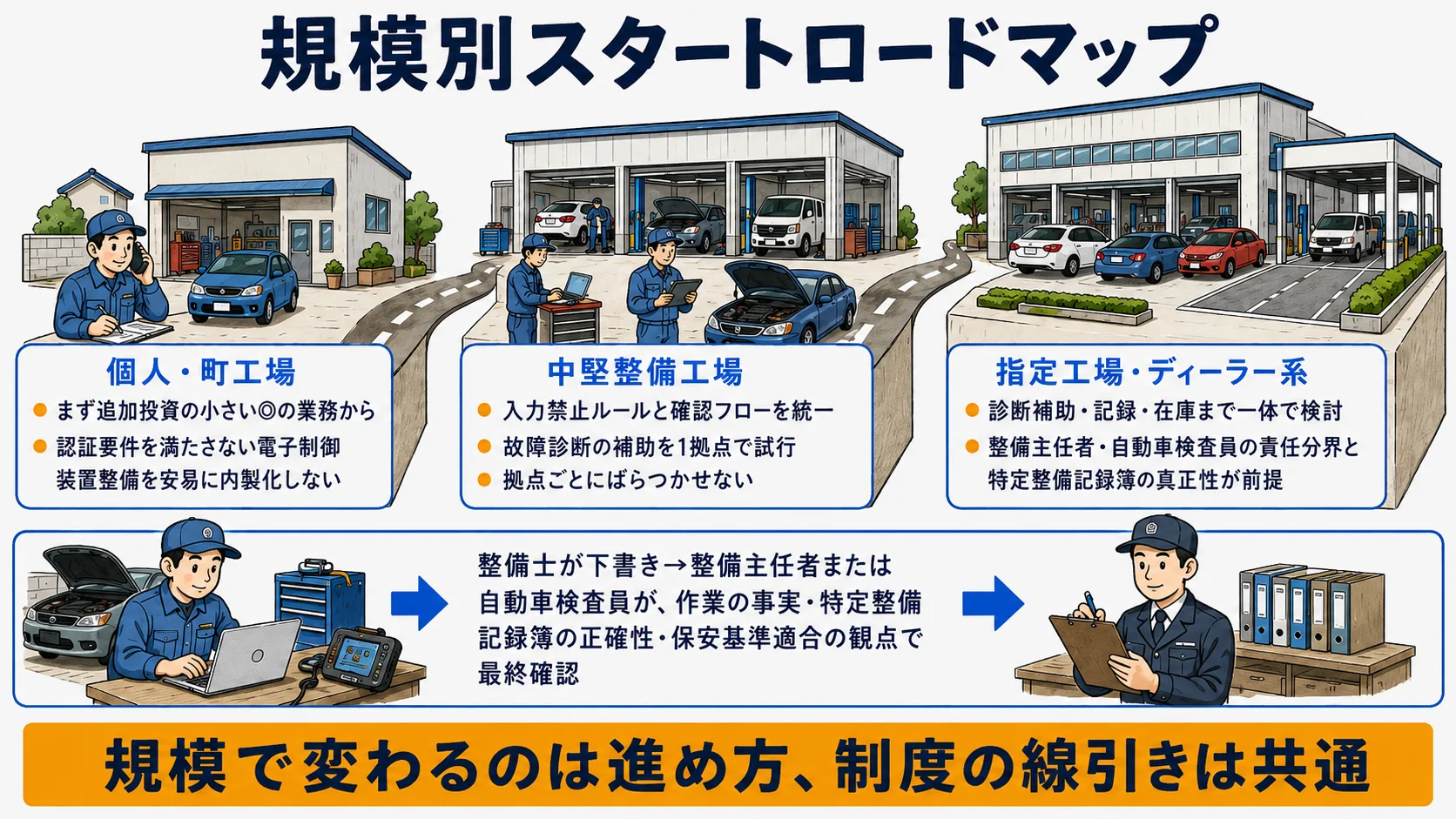 整備工場の規模別スタートロードマップ：個人・町工場、中堅整備工場、指定工場・ディーラー系それぞれの着手順と二段構えの責任分界を示す図
