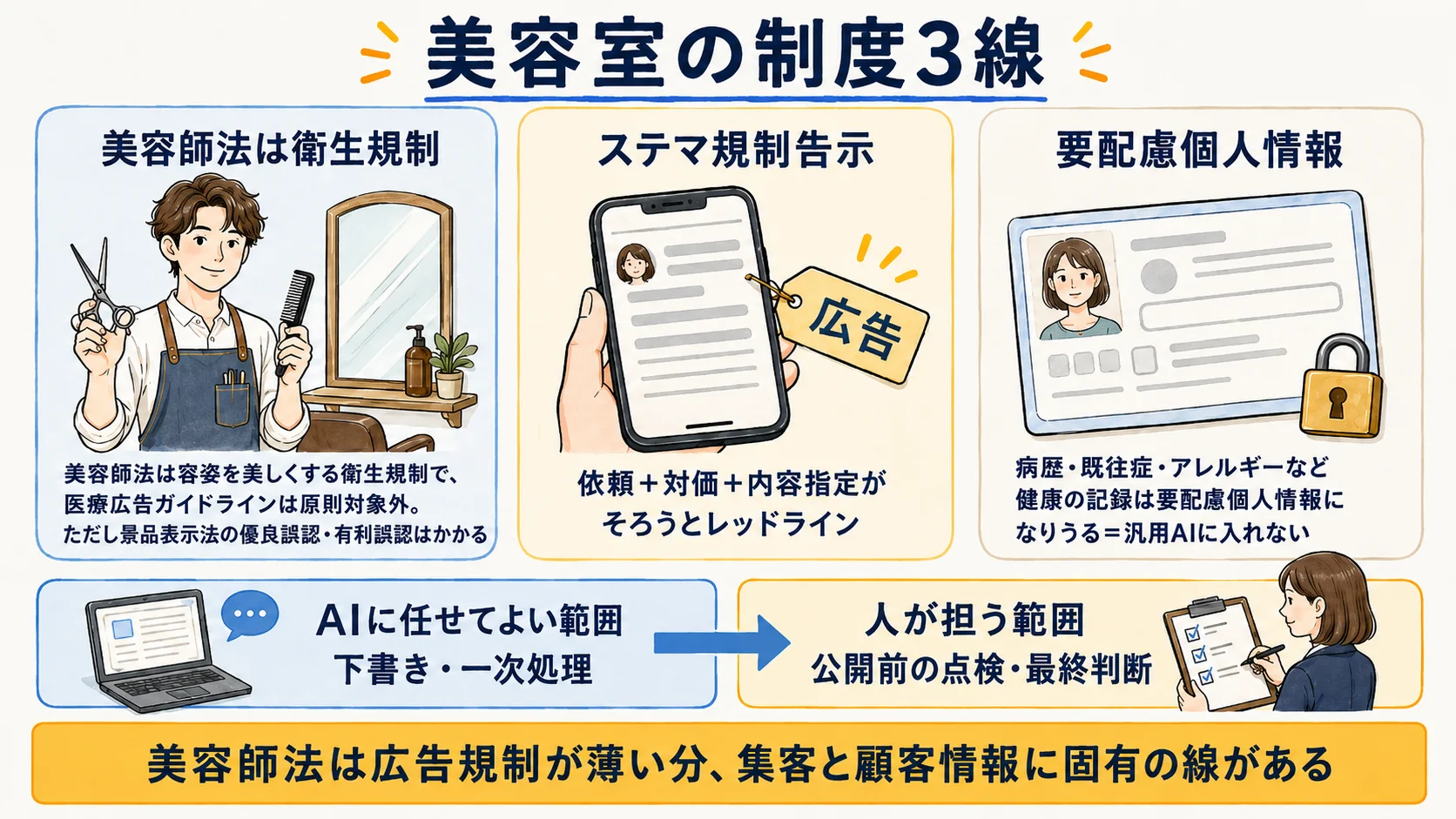 美容室の制度3線:美容師法は広告内容規制なし・ステマ規制告示・カルテの個人情報の関係を整理した図