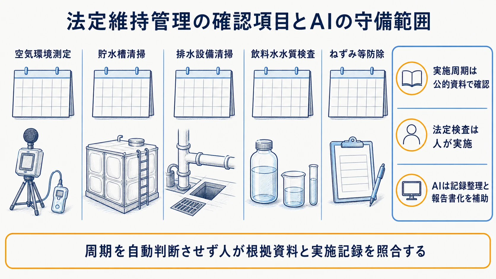 建築物環境衛生管理基準の法定頻度とAIによる記録補助を示す早見図