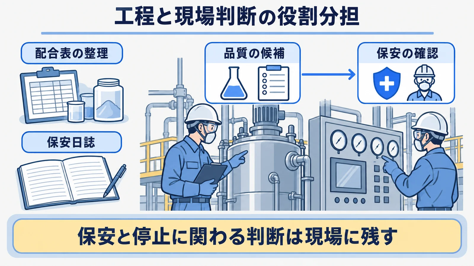 配合表、反応槽、計器盤、保安日誌を使う工程と現場判断の役割分担表