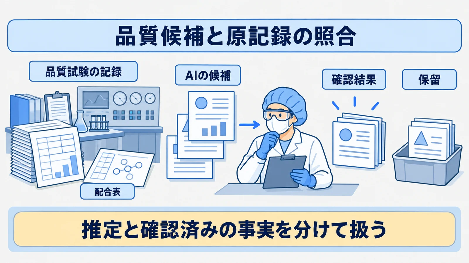 品質試験の記録とAIの候補を確認結果へ対応付ける図