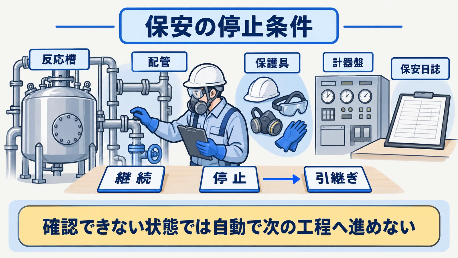 反応槽、配管、保護具の確認を継続、停止、引継ぎへ分ける分岐図
