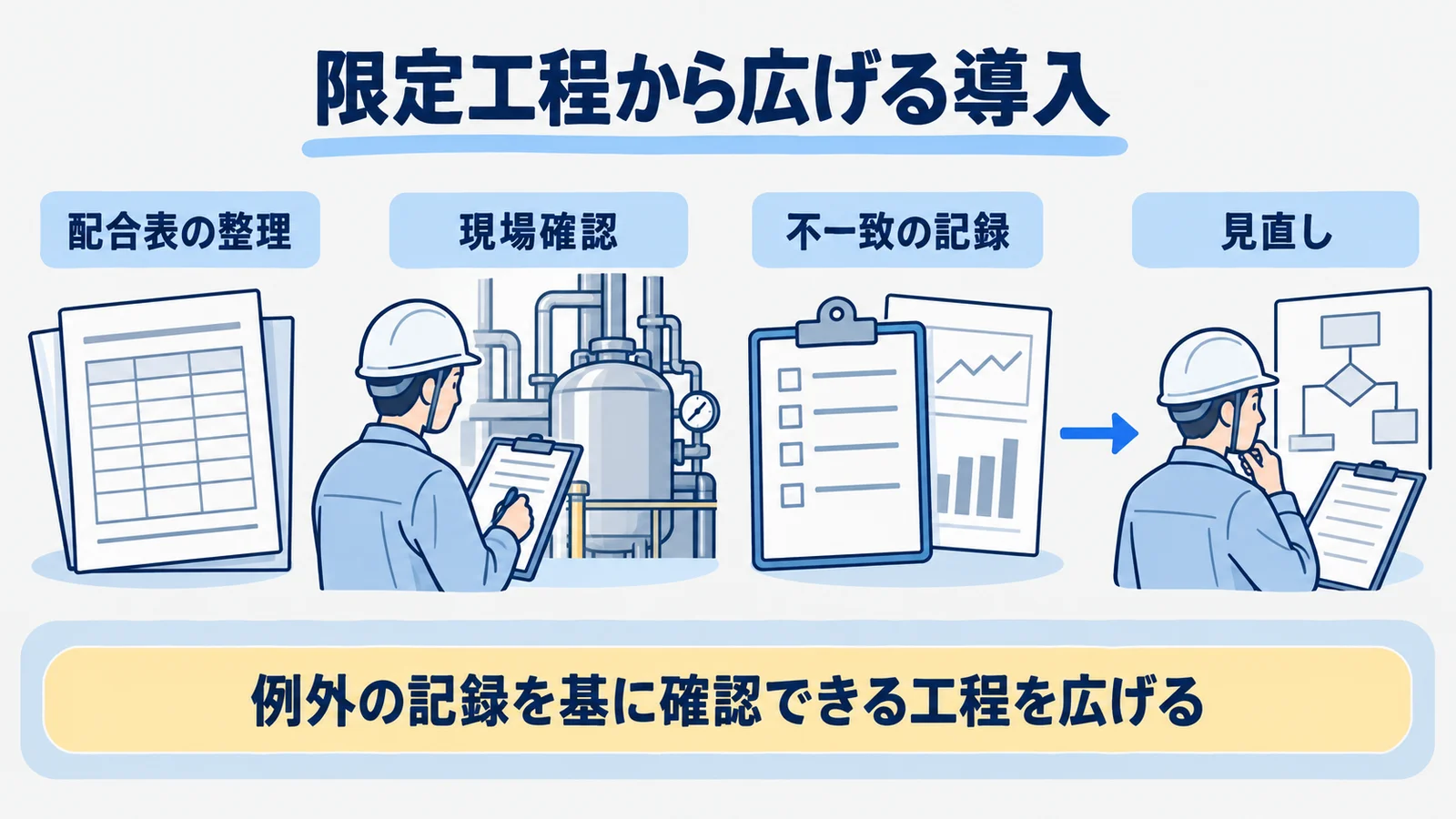 配合表の整理から始めて現場確認と見直しへ広げる導入の5段階