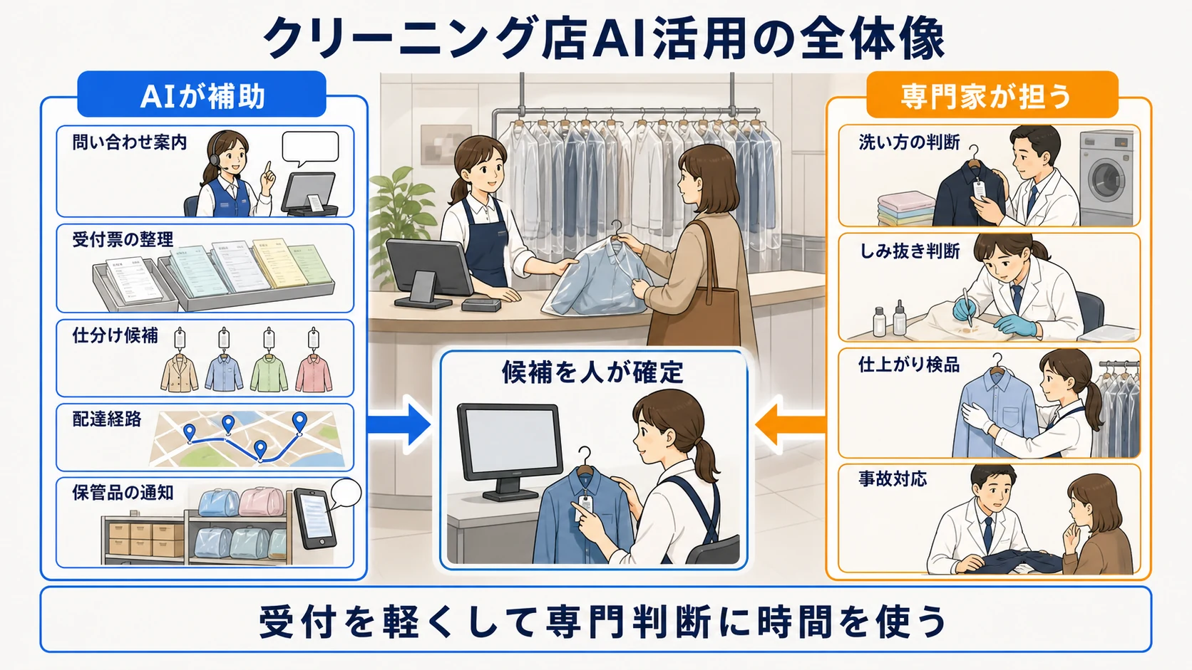 クリーニング店でAIが補助する受付管理と専門家が担う判断を示す図