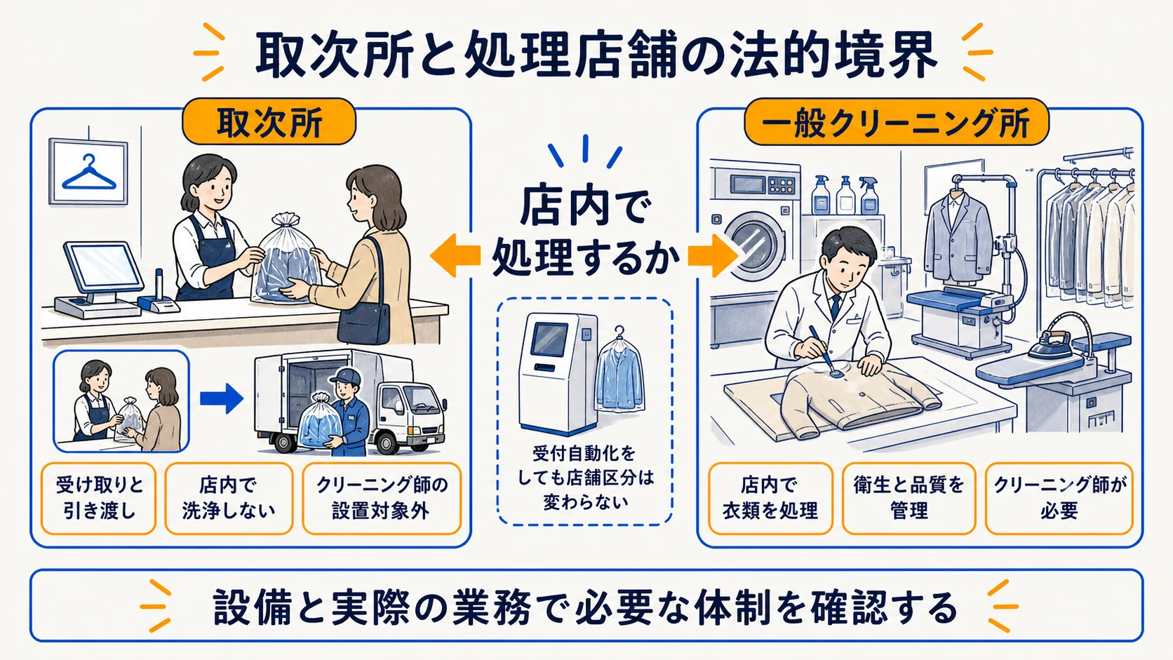 取次所と一般クリーニング所で必要な専門体制の違いを示す図