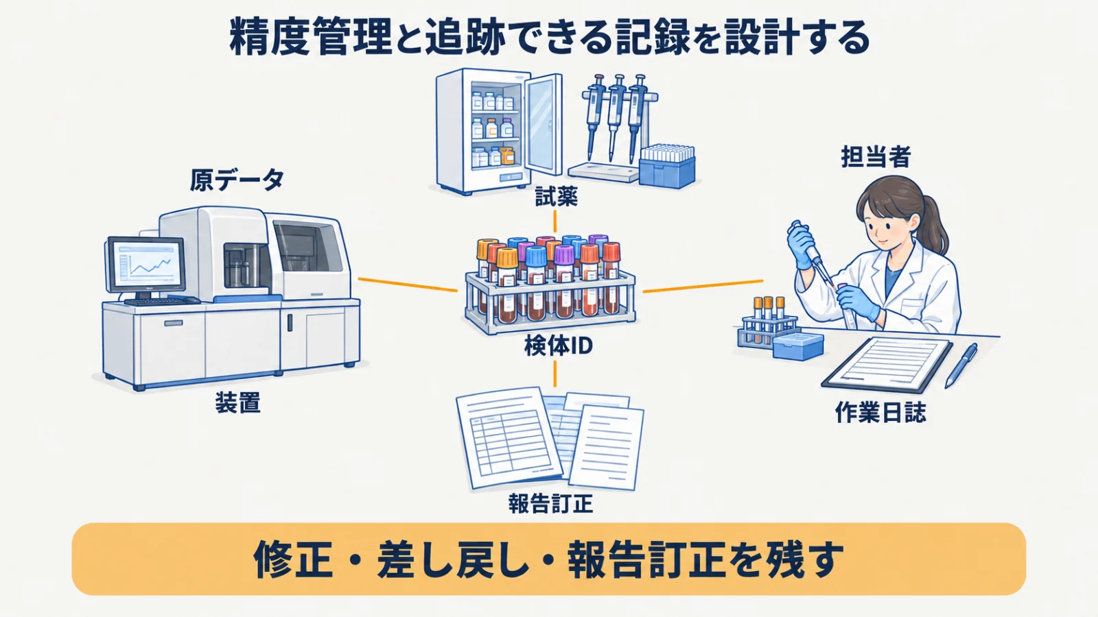 検体の原データ・装置・試薬・担当者と報告訂正を追跡する図
