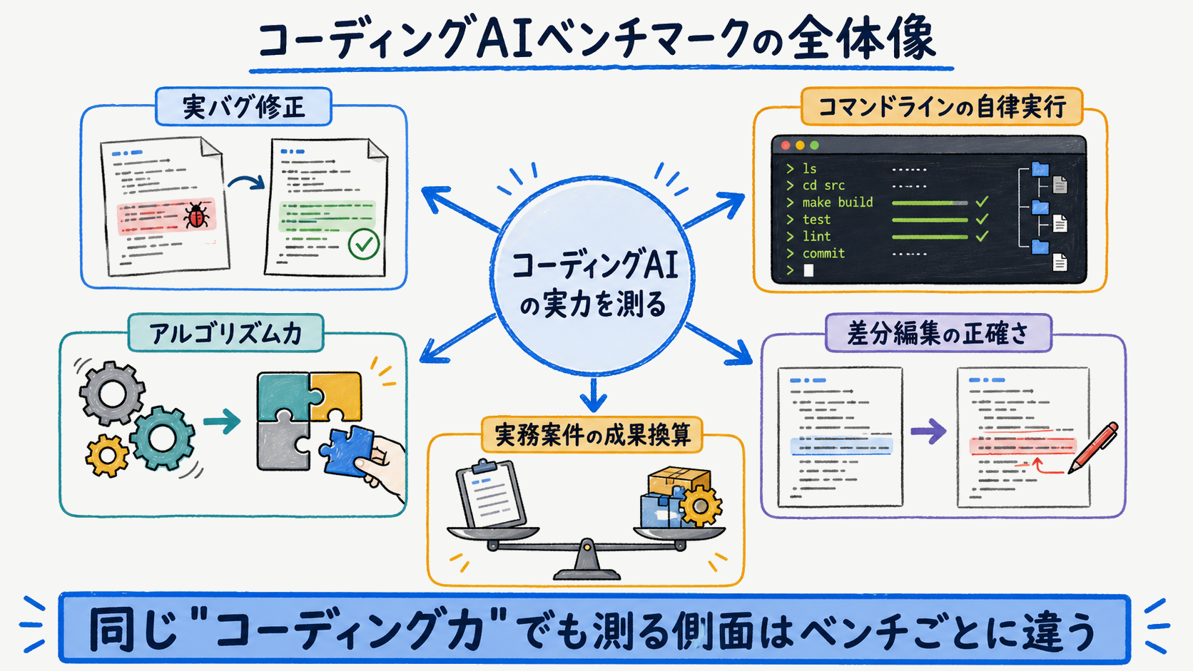 コーディングAIベンチマークの全体像：実バグ修正・CLI自律実行・アルゴリズム・差分編集・実務報酬換算の5軸を示す図