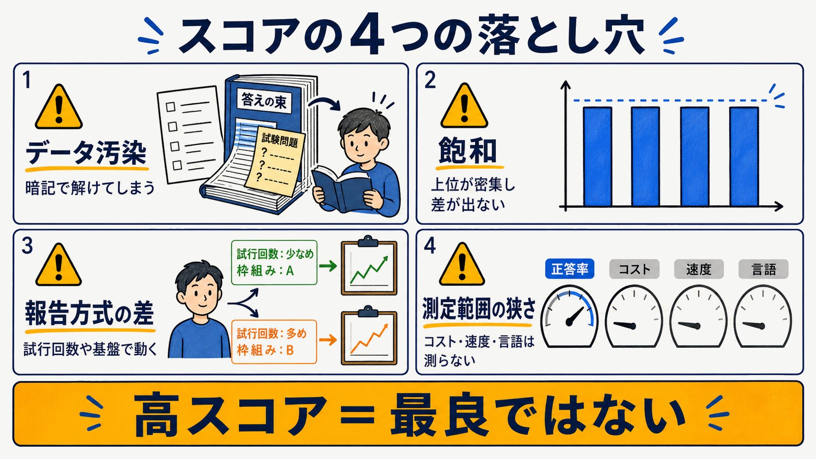 スコアの落とし穴：データ汚染・飽和・報告方式の差・測定範囲の狭さの4点を示す注意喚起の図