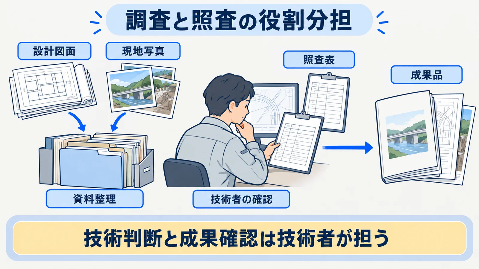 設計図面、現地写真、照査表、成果品を使う調査と照査の役割分担表