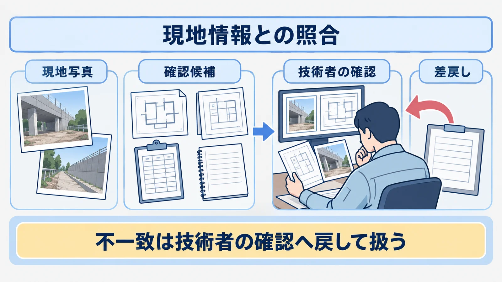 現地写真と設計図面の候補を技術者の確認と差戻しへつなぐ流れ