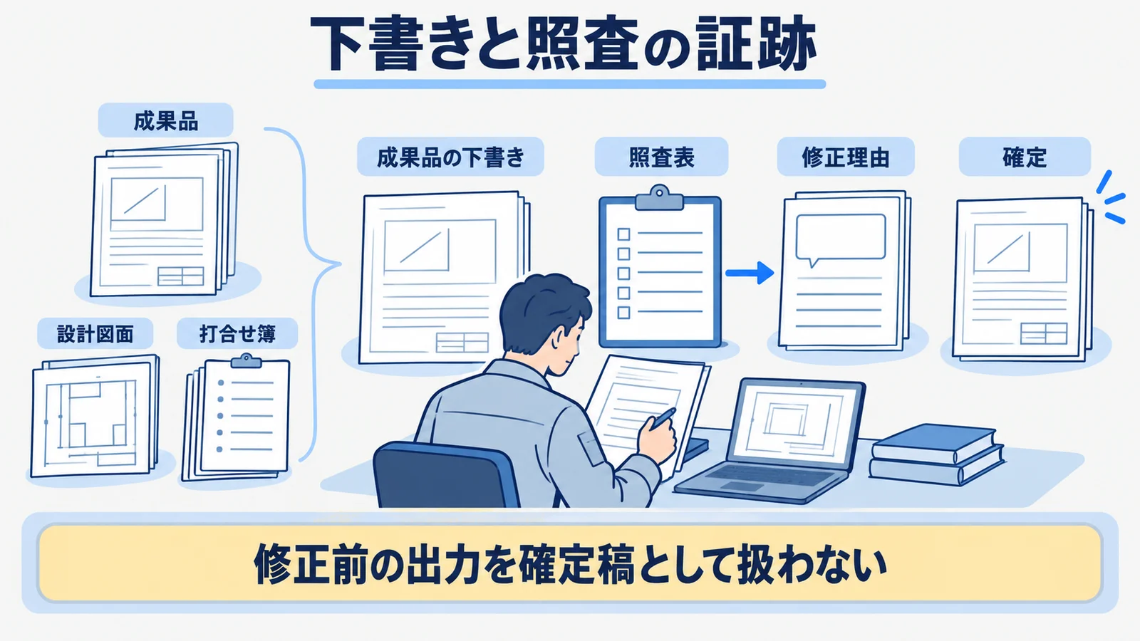 成果品の下書き、照査表、修正、確定を分けた証跡図