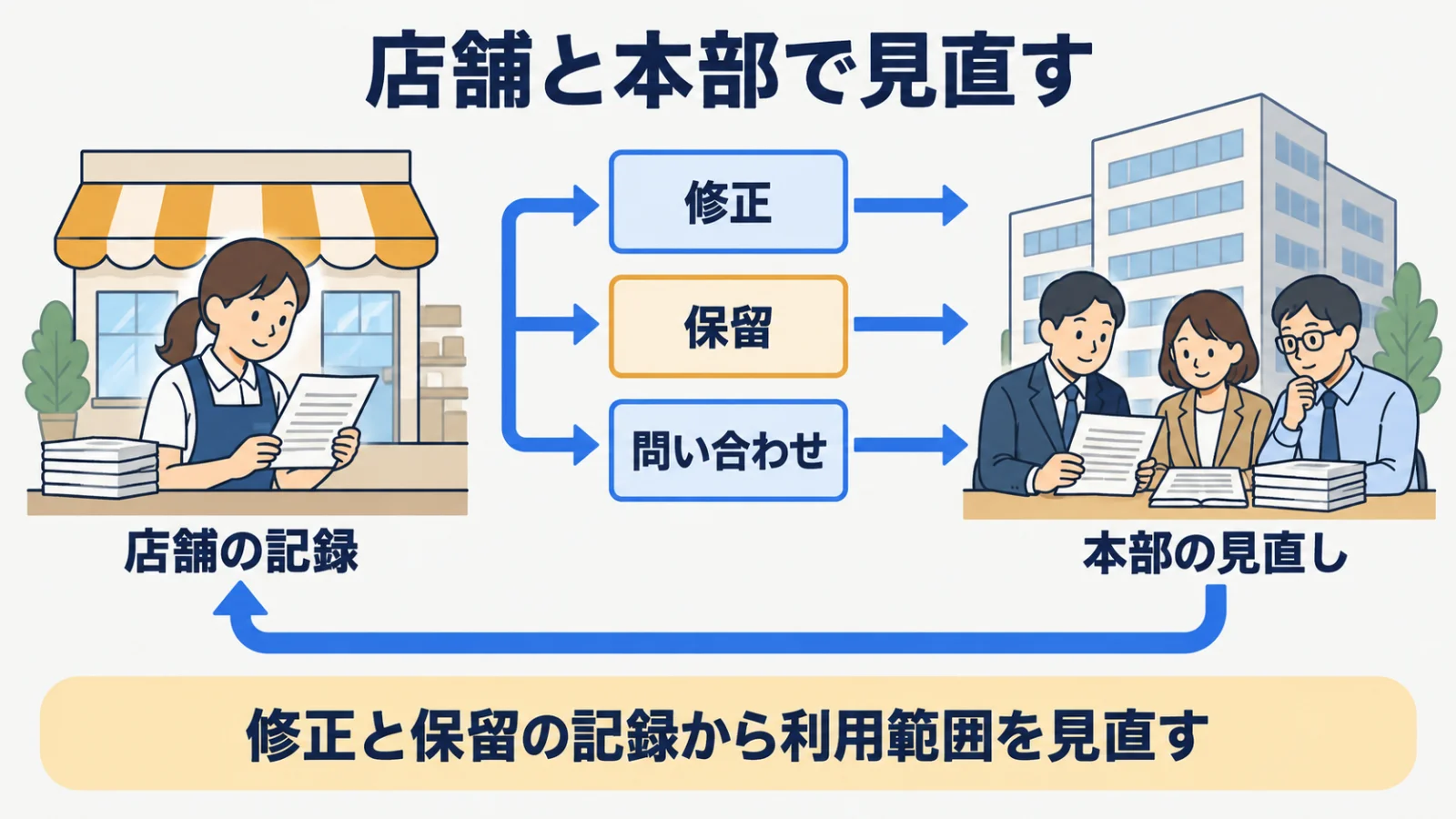 面談記録の修正、保留、問い合わせを店舗と本部で見直す循環図