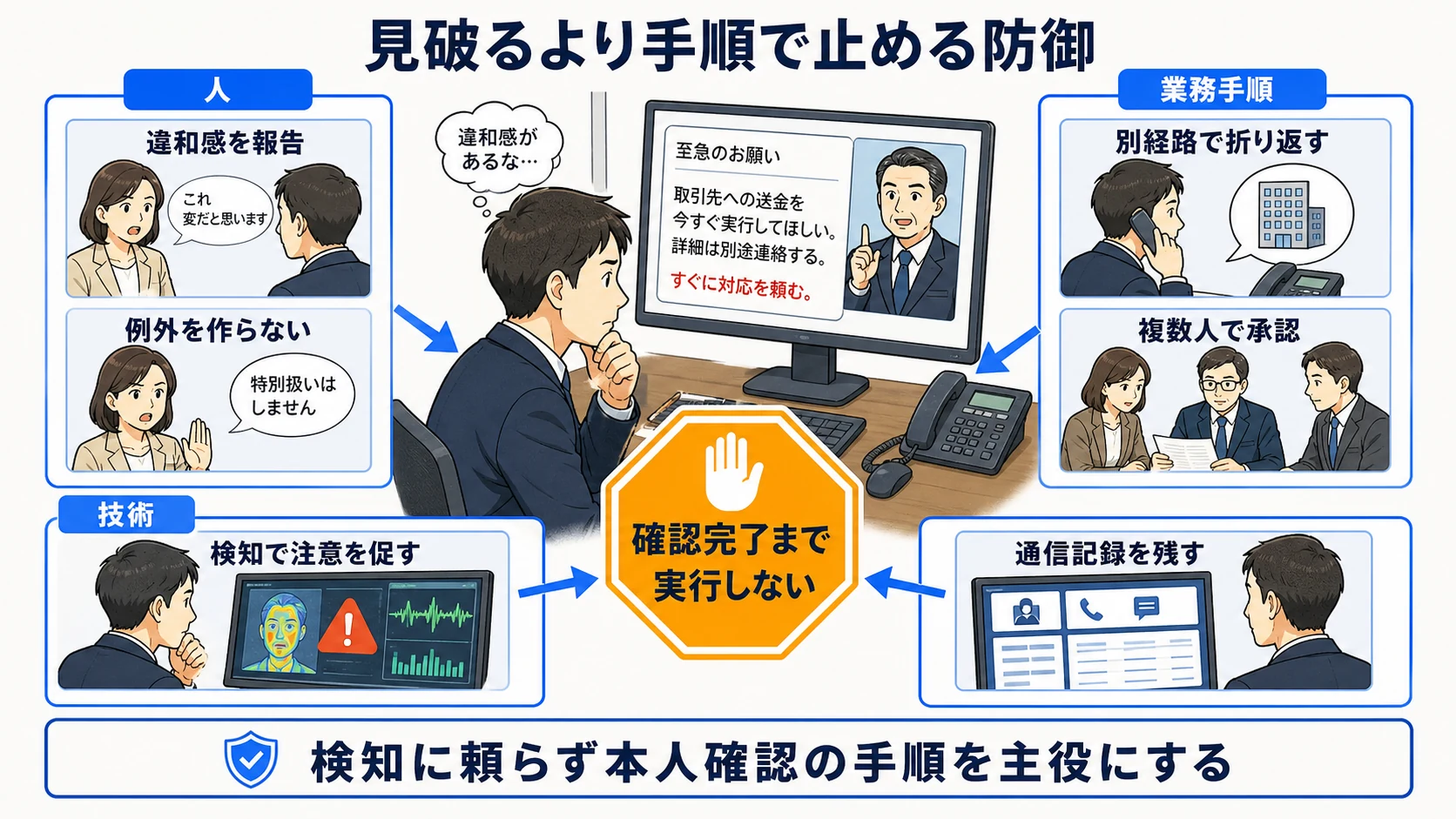 ディープフェイクを人・業務手順・技術の重なりで止める全体像