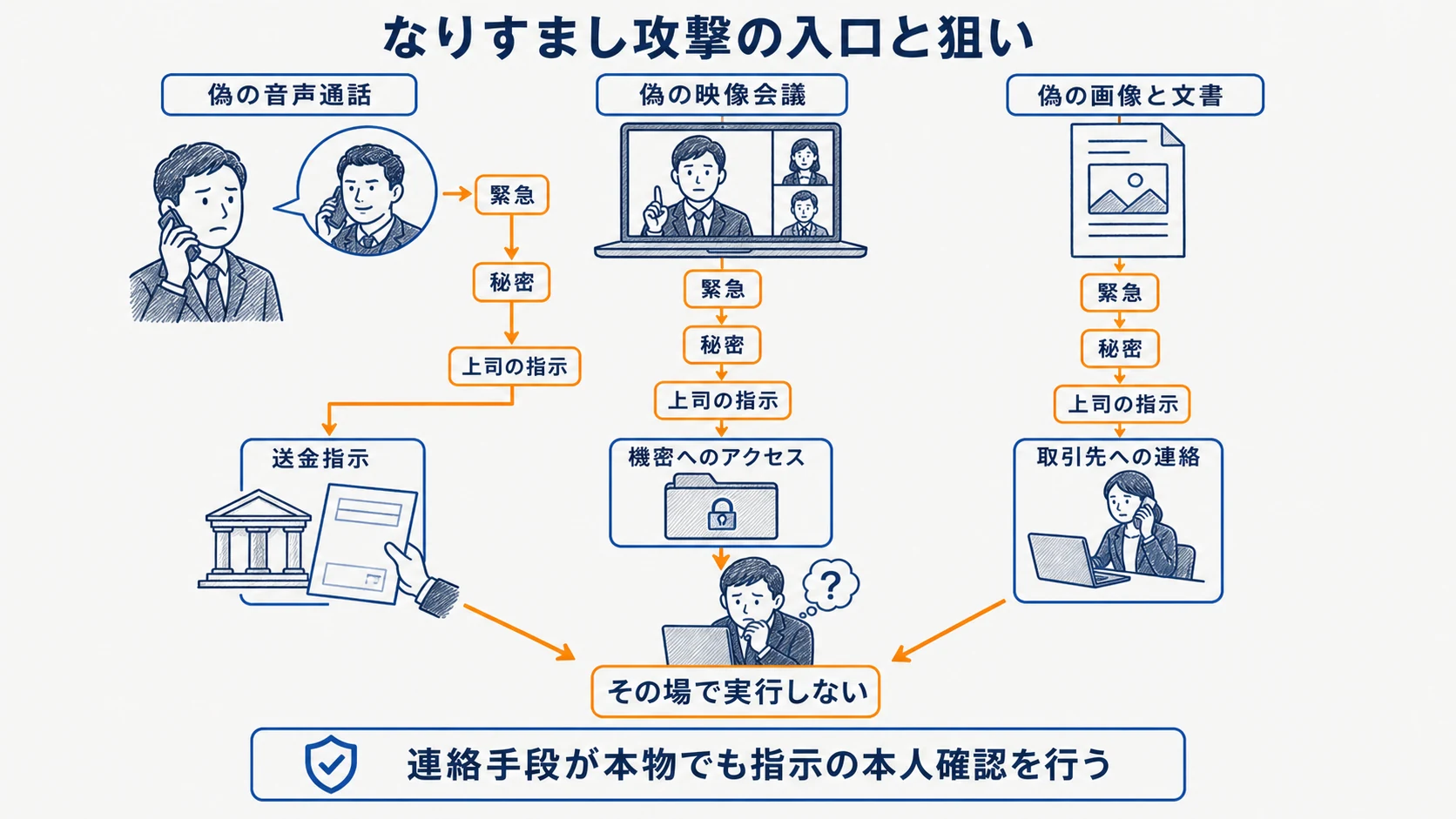 偽の音声・映像・画像やメールから企業へ届くなりすまし攻撃の入口を示す図