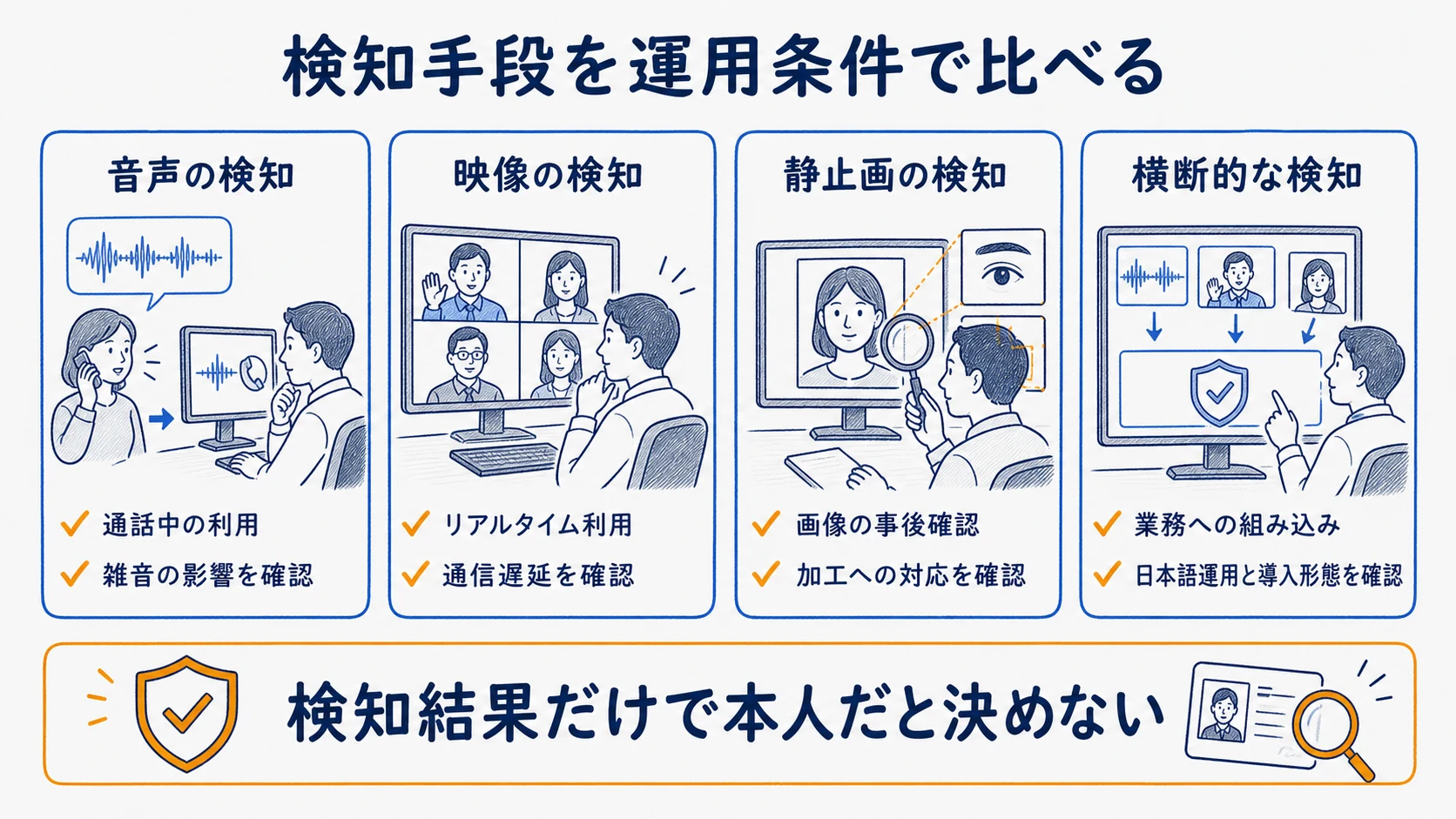 音声・映像・静止画の検知手段を対象媒体と運用条件で中立比較する図